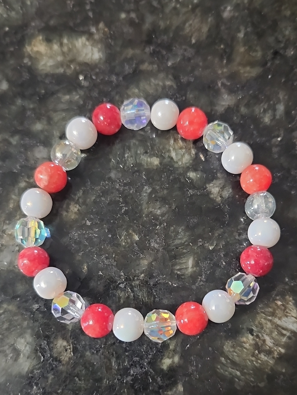 Handmade Red Agate, Crystal and White Beaded Bracelet